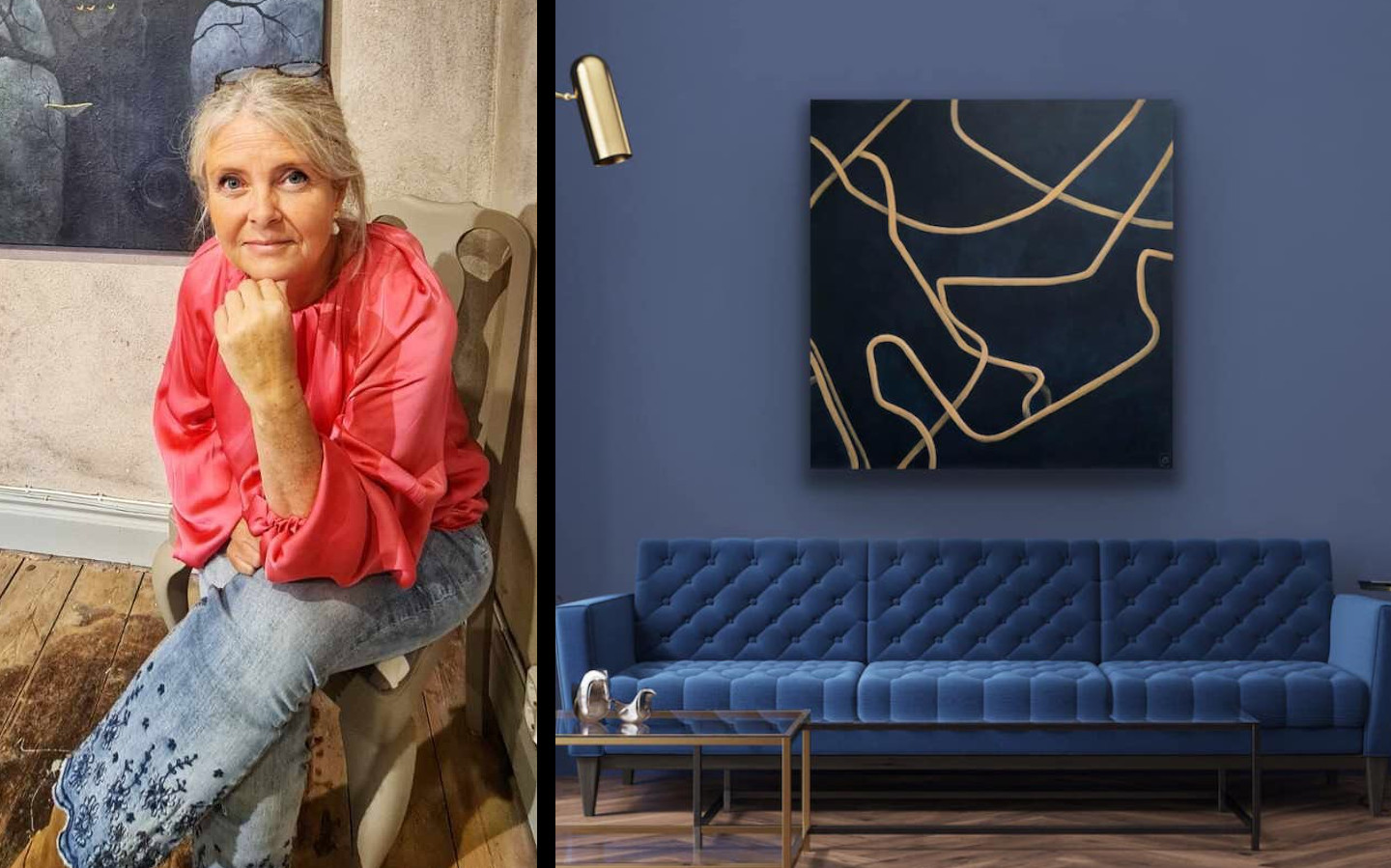 Bild på Annette Landin och ett av hennes konstverk, © Annette Landin