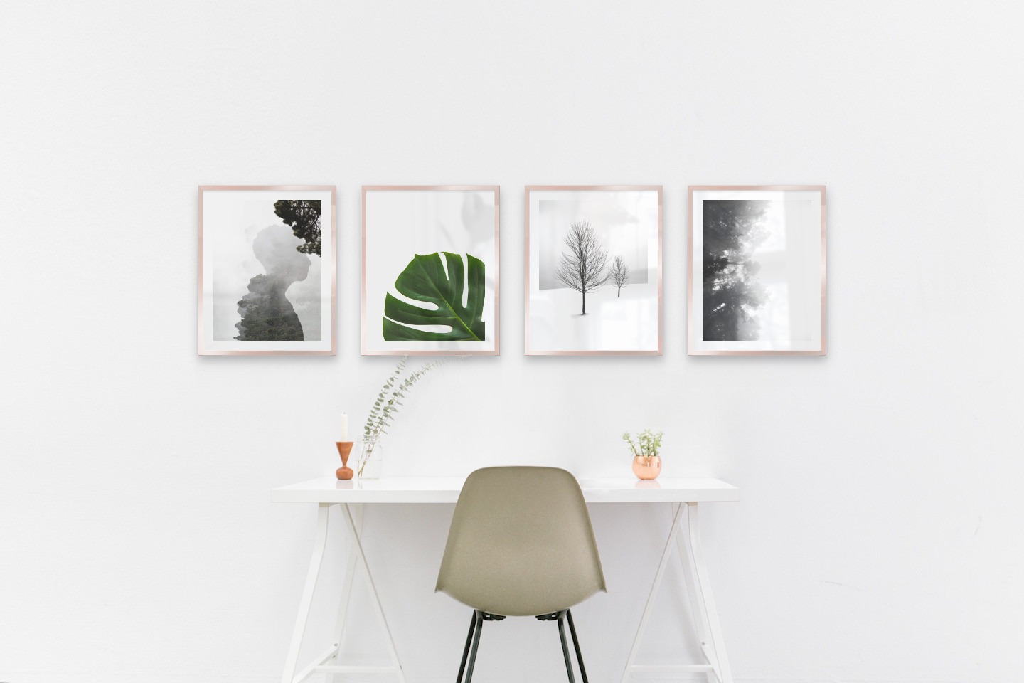Tavelvägg med ramar i koppar i storlekar 40x50 med posters med "Silhuett och träd", "Växt", "Träd i snön" och "Dimmiga trätoppar från sidan"