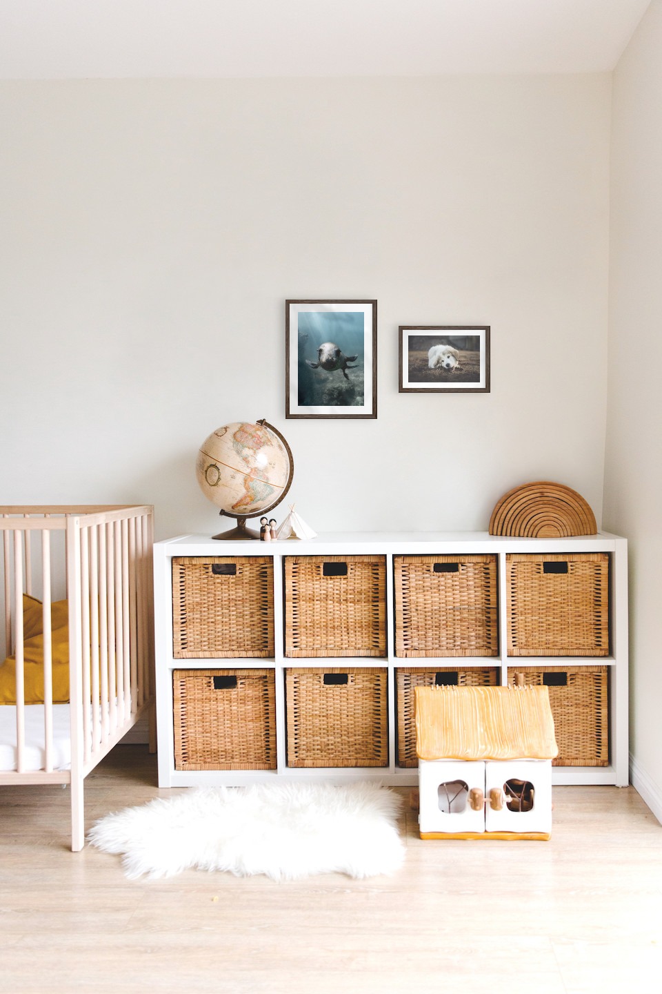 Tavelvägg med ramar i mörkt trä i storlekar 30x40 och 21x30 med posters med "Säl i vattnet" och "Hund som tuggar"