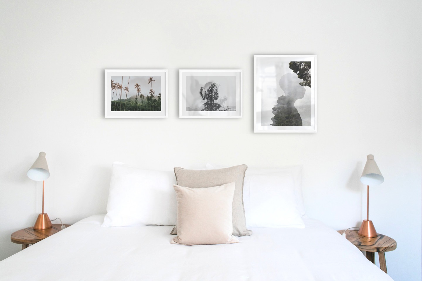 Tavelvägg med ramar i vitt i storlekar 30x40 och 40x50 med posters med "Palmer och berg", "Träd och silhuett" och "Silhuett och träd"