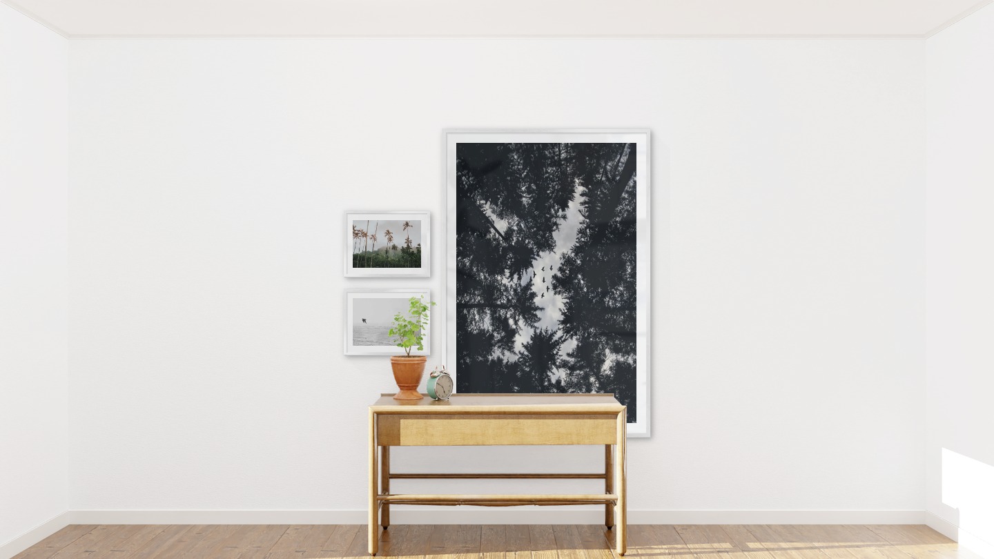 Tavelvägg med ramar i silver i storlekar 30x40 och 100x150 med posters med "Palmer och berg", "Fåglar över havet" och "Trätoppar och fåglar"