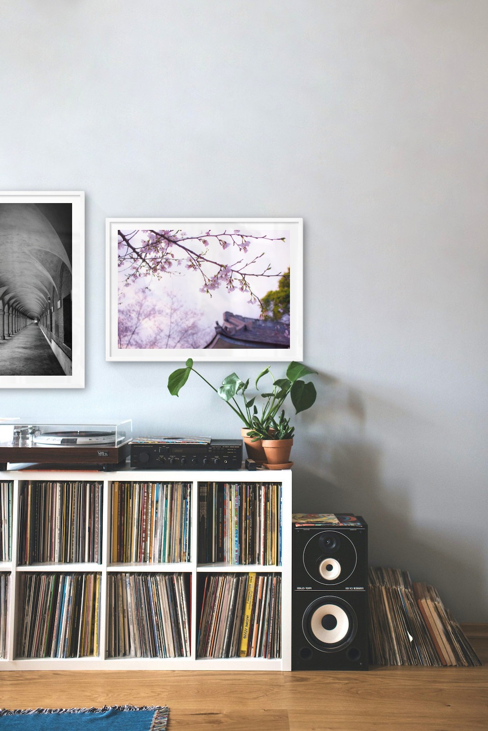 Tavelvägg med ramar i vitt i storlekar 50x70 med posters med "Gång med pelare och valv" och "Blommor i Tokyo"