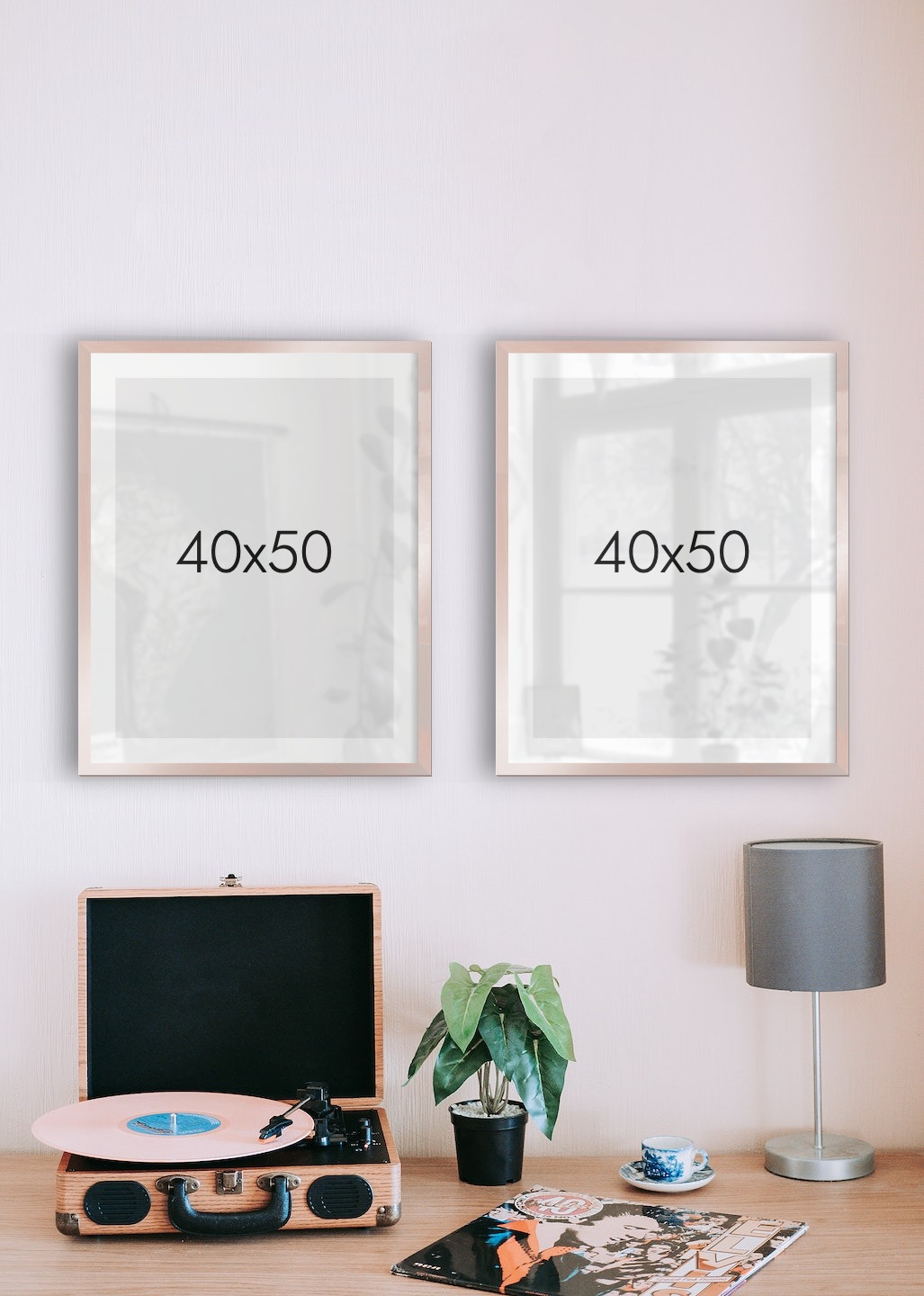 Tavelvägg med ramar i koppar i storlekar 40x50