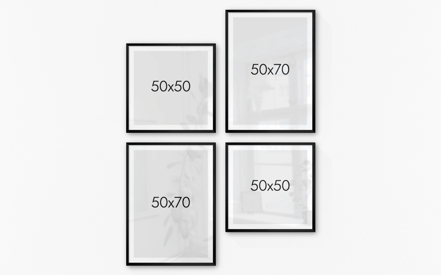 Tavelvägg med ramar i svart i storlekar 50x50 och 50x70