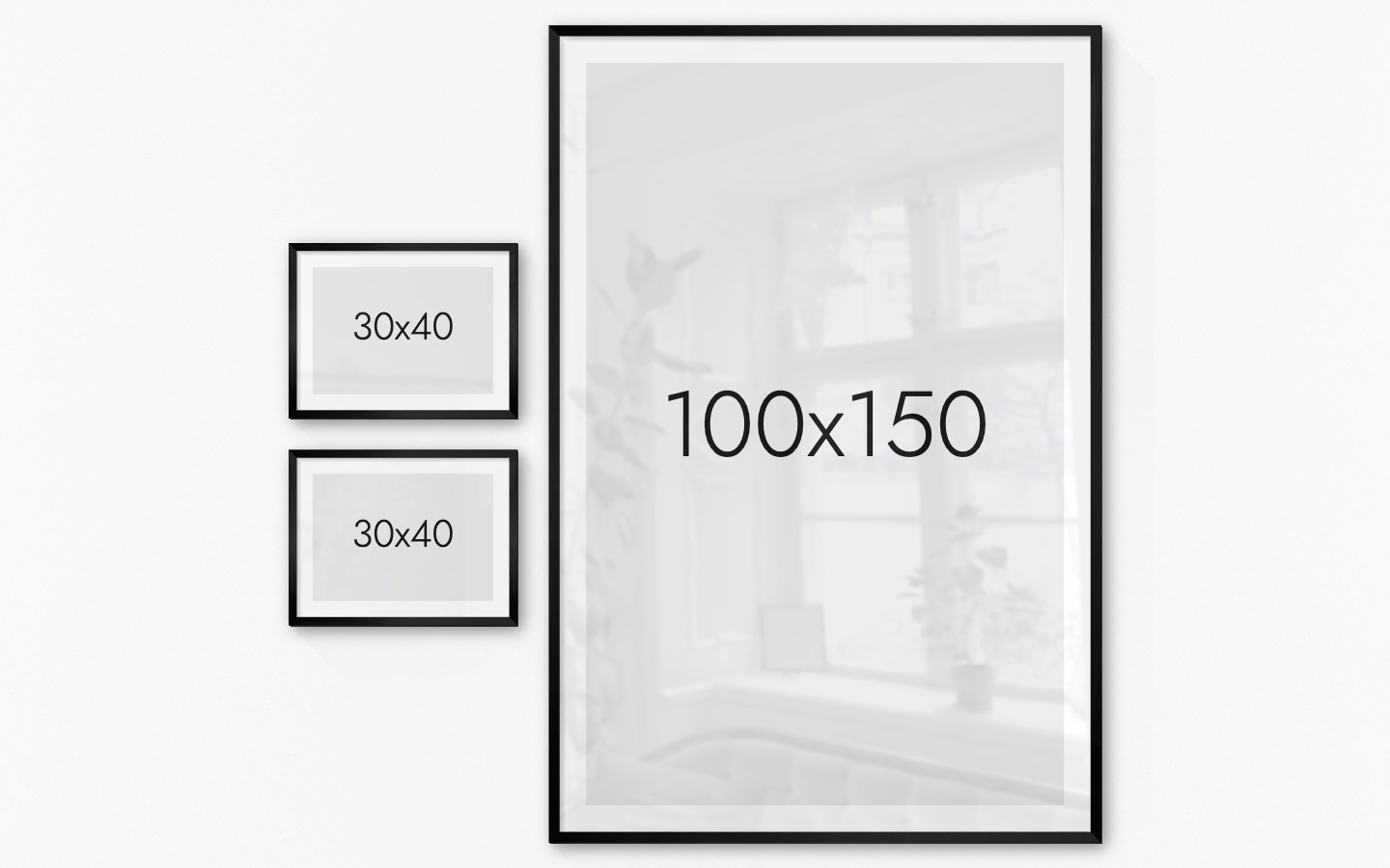 Tavelvägg med ramar i svart i storlekar 30x40 och 100x150