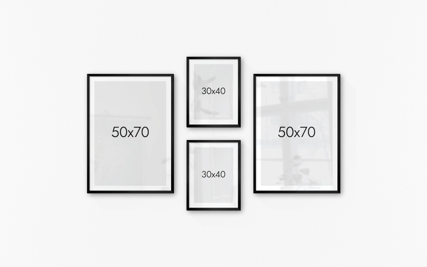 Tavelvägg med ramar i svart i storlekar 50x70 och 30x40