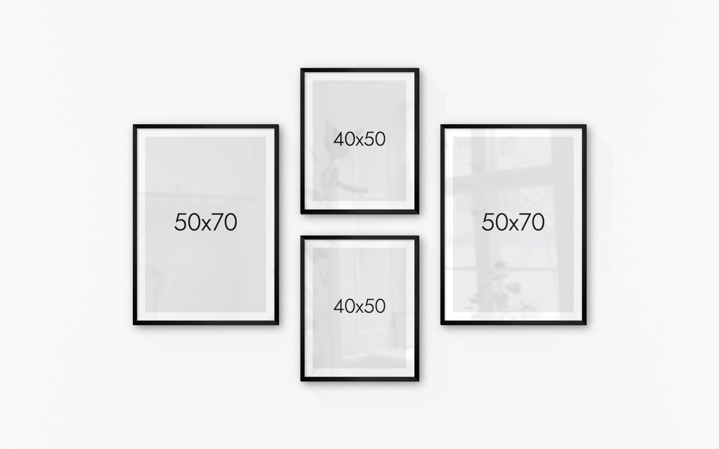 Tavelvägg med ramar i svart i storlekar 50x70 och 40x50